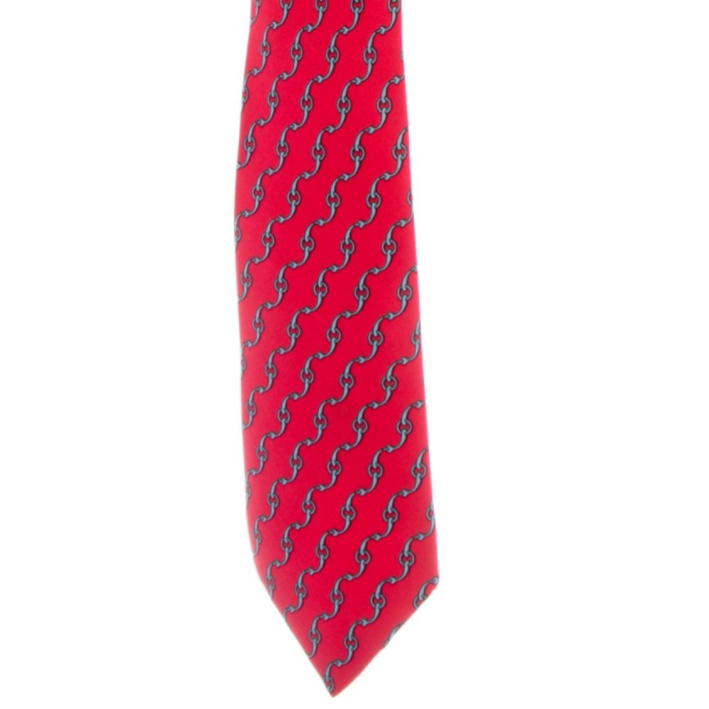 Hermes Red Tie Chain Link Abstract Design Silk
